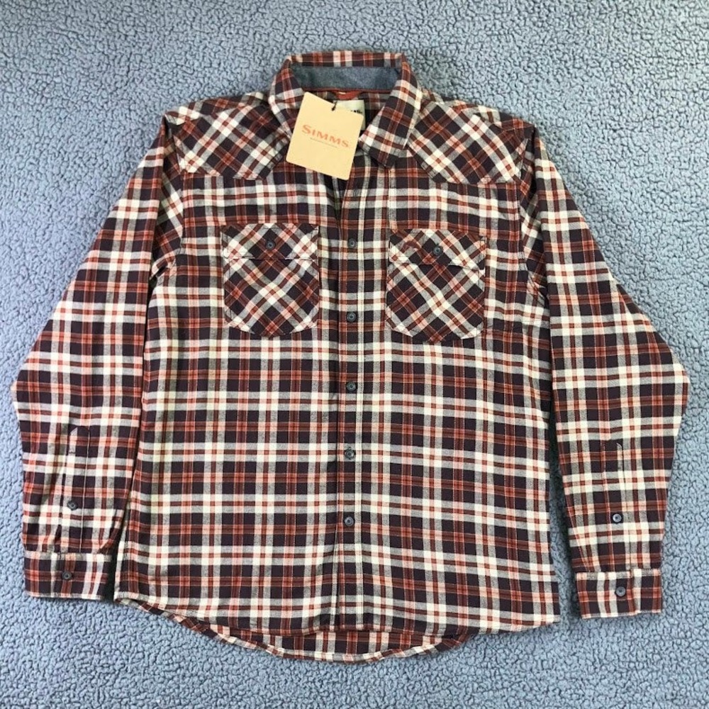 Simms Mens Western Flannel Shirt Large Brown Plaid Organic Cotton Blend NWT